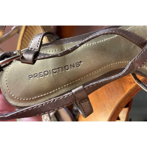 Predictions Brown Gold Wedge Heel Open Toe Sandal Sz 5 - Picture 6 of 7